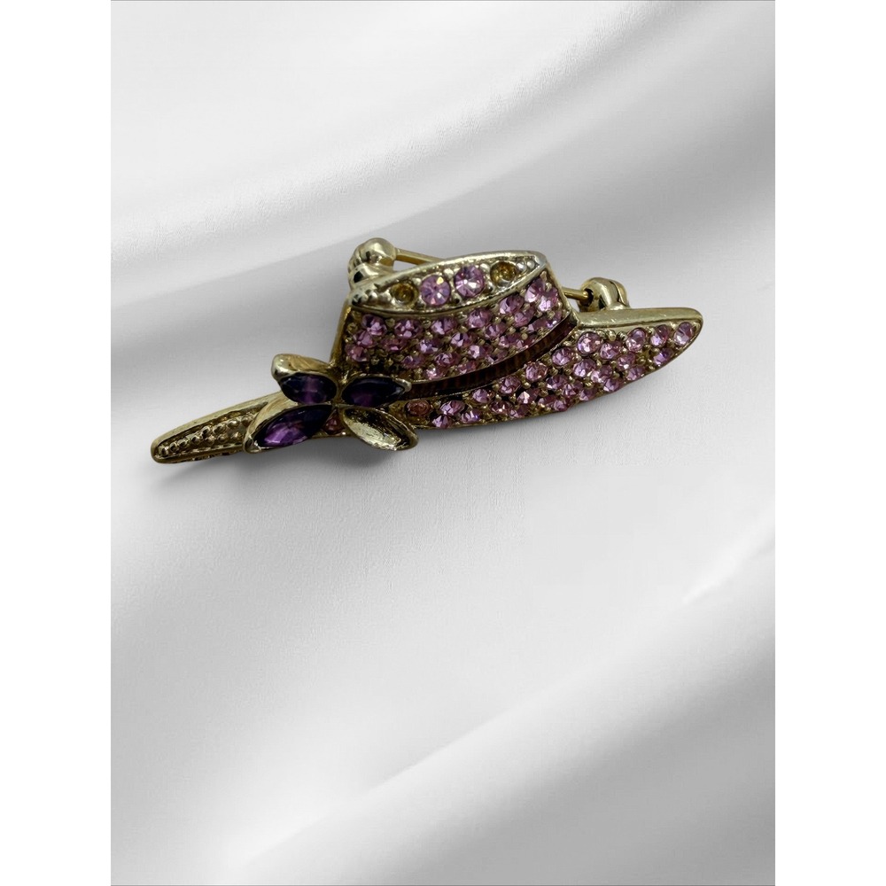 Monet Vintage (FLAW) Gold Tone Pink Purple Rhinestone Hat Brooch Pin - Picture 5 of 9